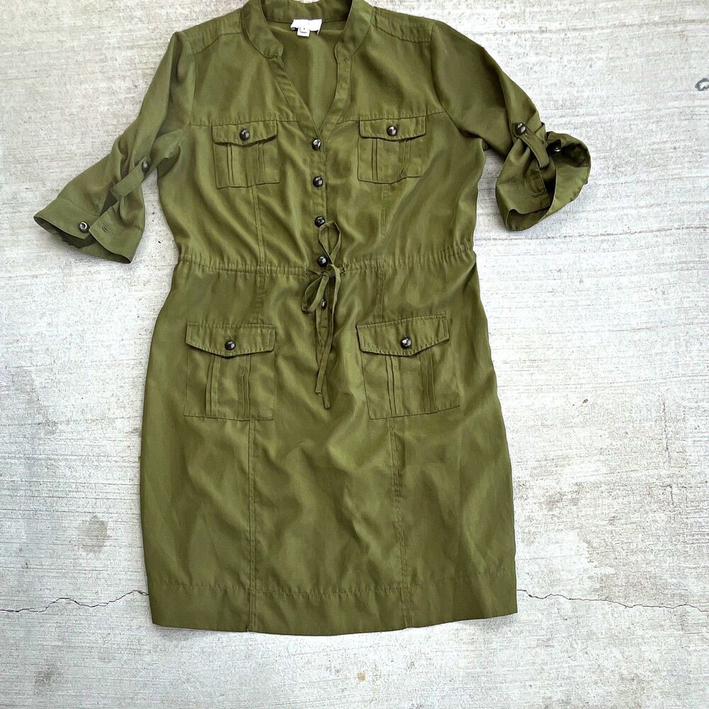 Beige by eci Shirt Dress Womens Small Roll Tab Pockets Utility Safari Y2K Grunge